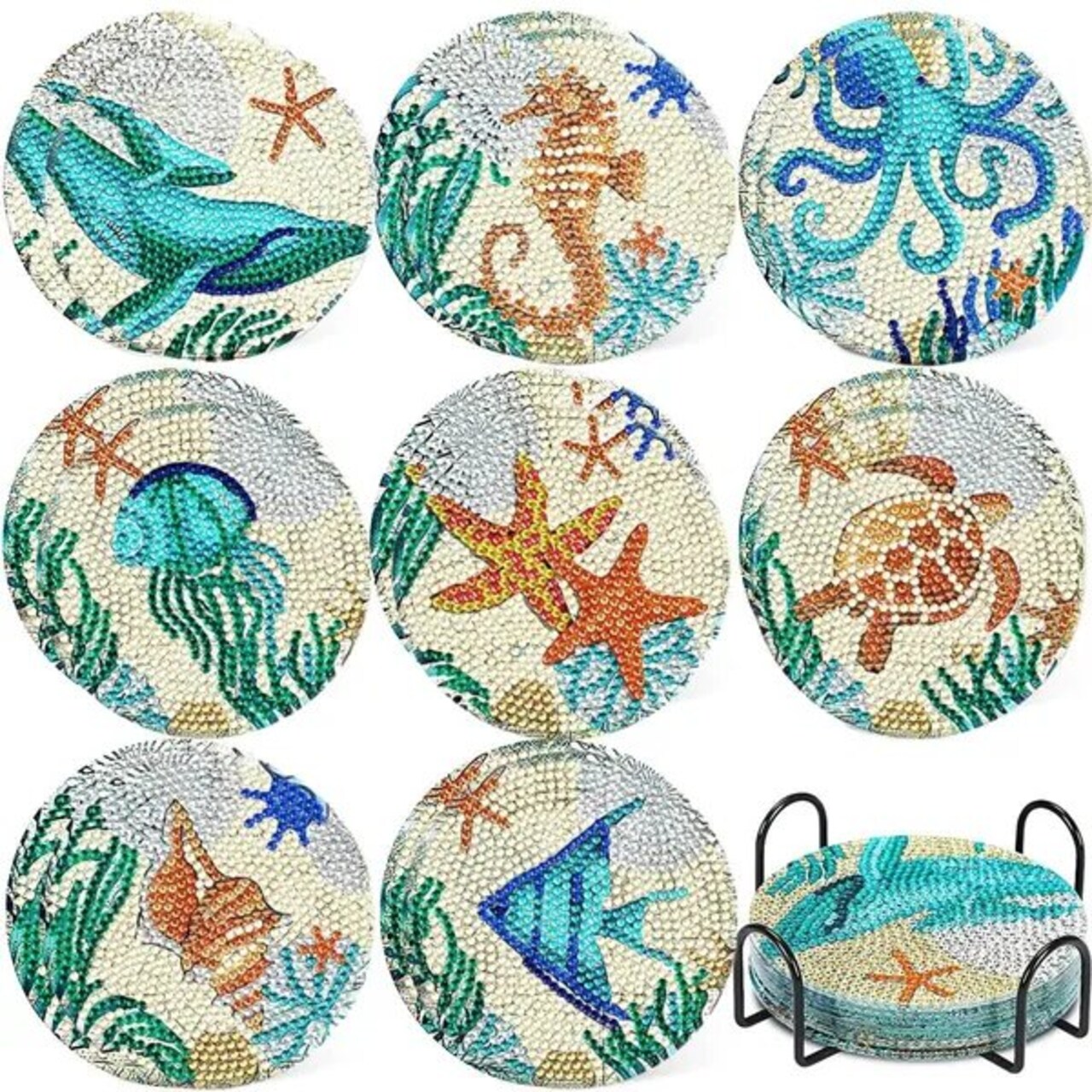 16PCS Rhinestones Diamond Painting Coasters with Holder – DIY Marine Animal Craft Coasters with Cork Base for Adults & Beginners